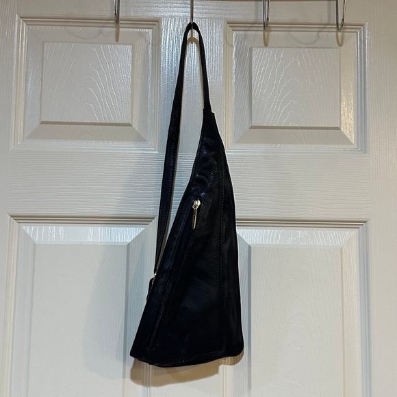 Shveta Handbags - Shveta Black Pebbled Leather Sling Bag Crossbody Teardrop Backpack Gold Hardware